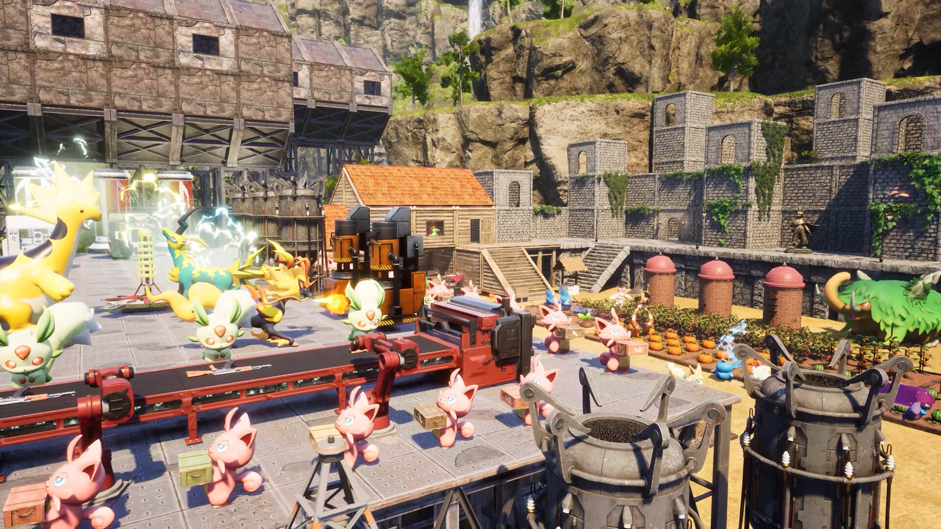 A large Palworld base full of working Pals